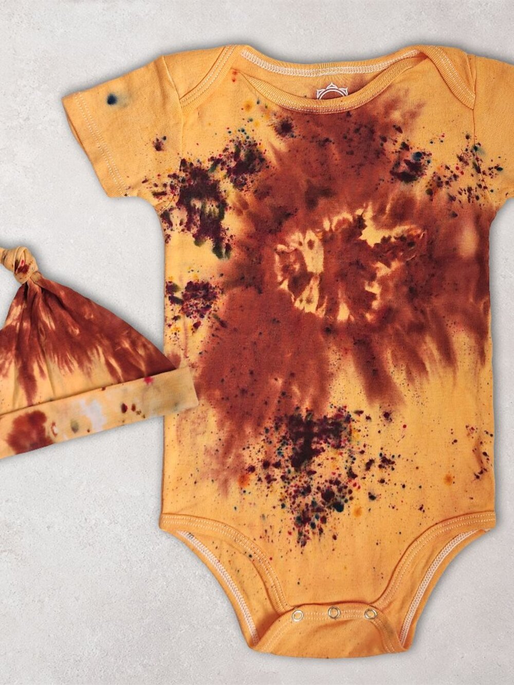 NWT Sahara Tie Dye Organic Cotton Bodysuit Orange Hand-Dyed Onesie & Baby Hat